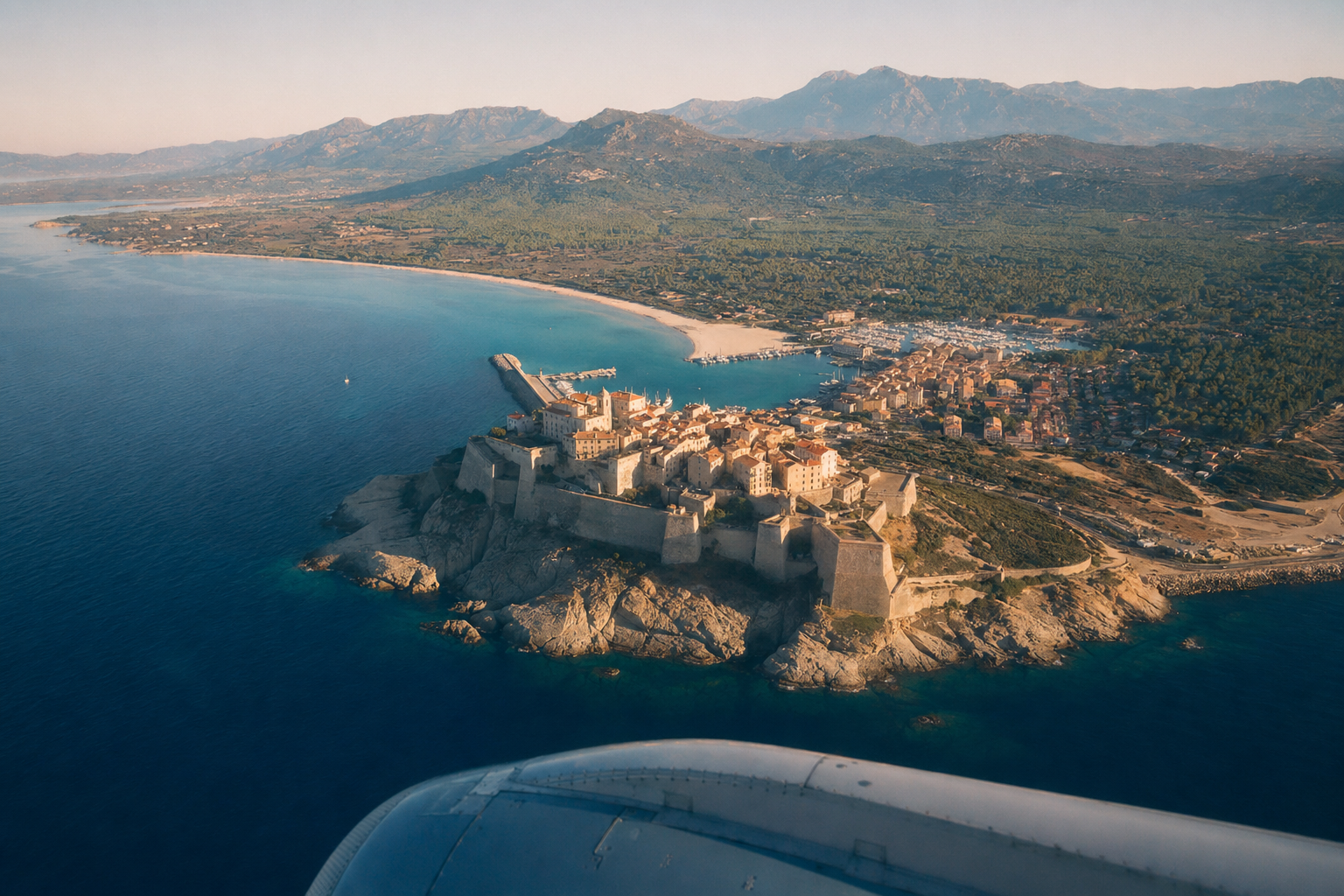 A Cessna Caravan light aircraft parked on the apron at Calvi airfield with the citadel of Calvi and the bay visible in the background, morning light