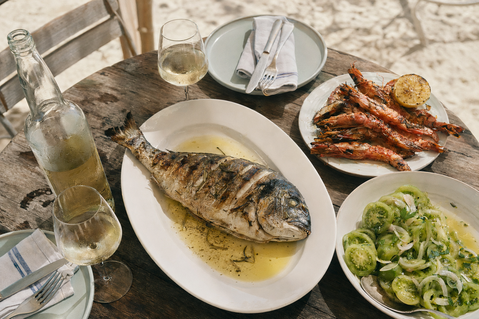 A plate of grilled red prawns, lemon and a glass of white wine on a beachside table