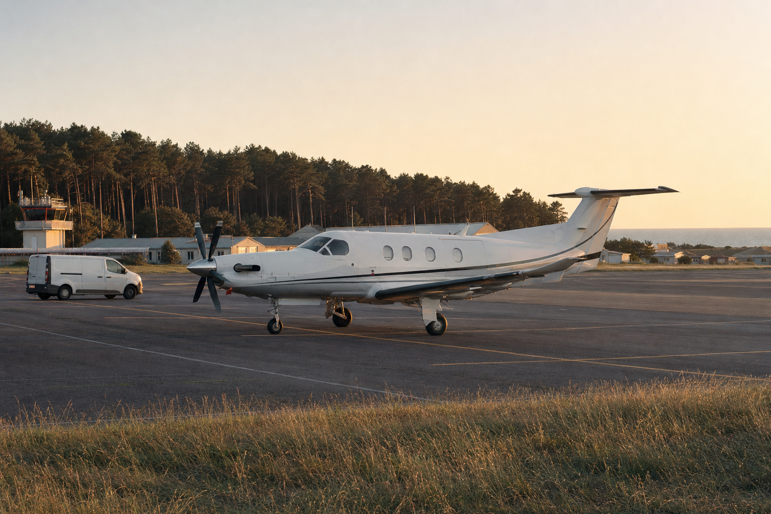 A Pilatus PC-12 single-engine turboprop aircraft parked on the apron at Le Touquet airfield, the pine forest of the Côte d'Opale visible behind the airfield buildings, late afternoon golden light