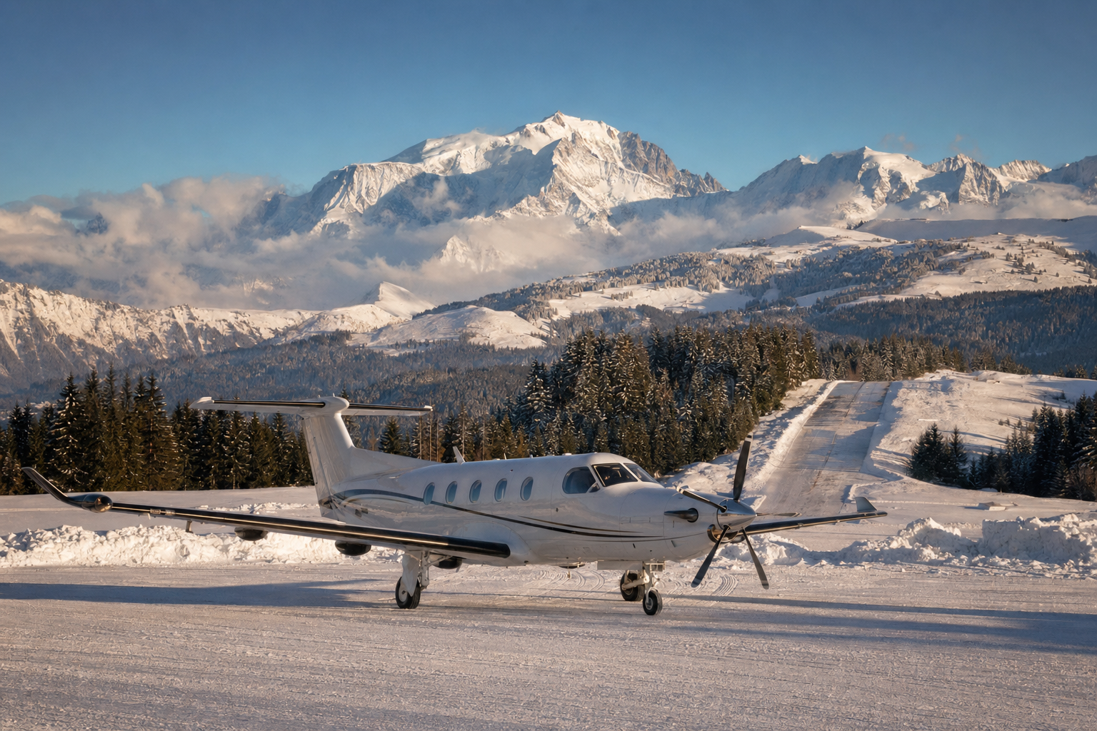 A Pilatus PC-12 aircraft on the snow-covered apron at Megève altiport with the Mont Blanc massif in the background, blue sky, morning light