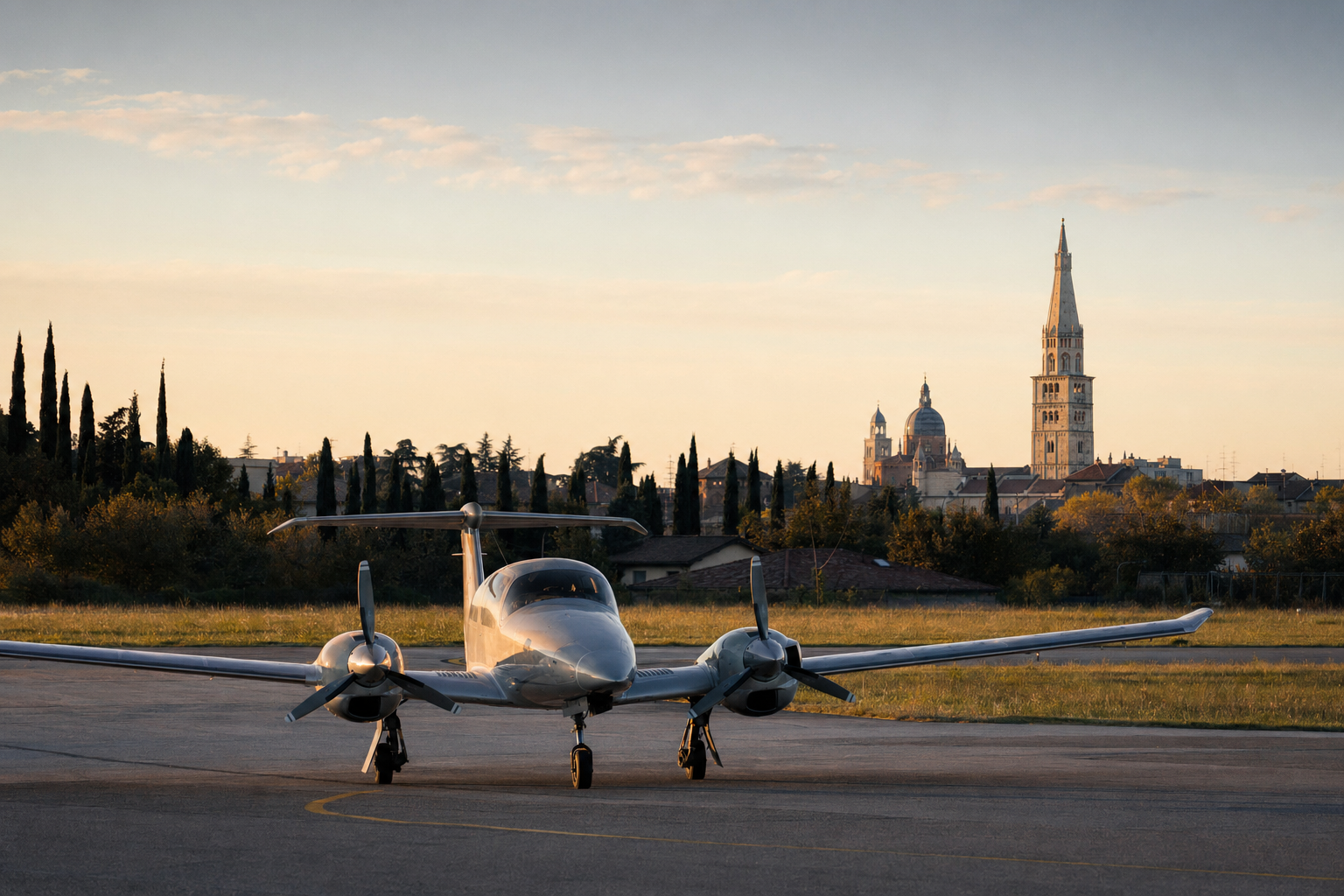 A small white turboprop aircraft on the apron of Modena airfield, with the brick towers of Modena cathedral visible in the distance, golden hour