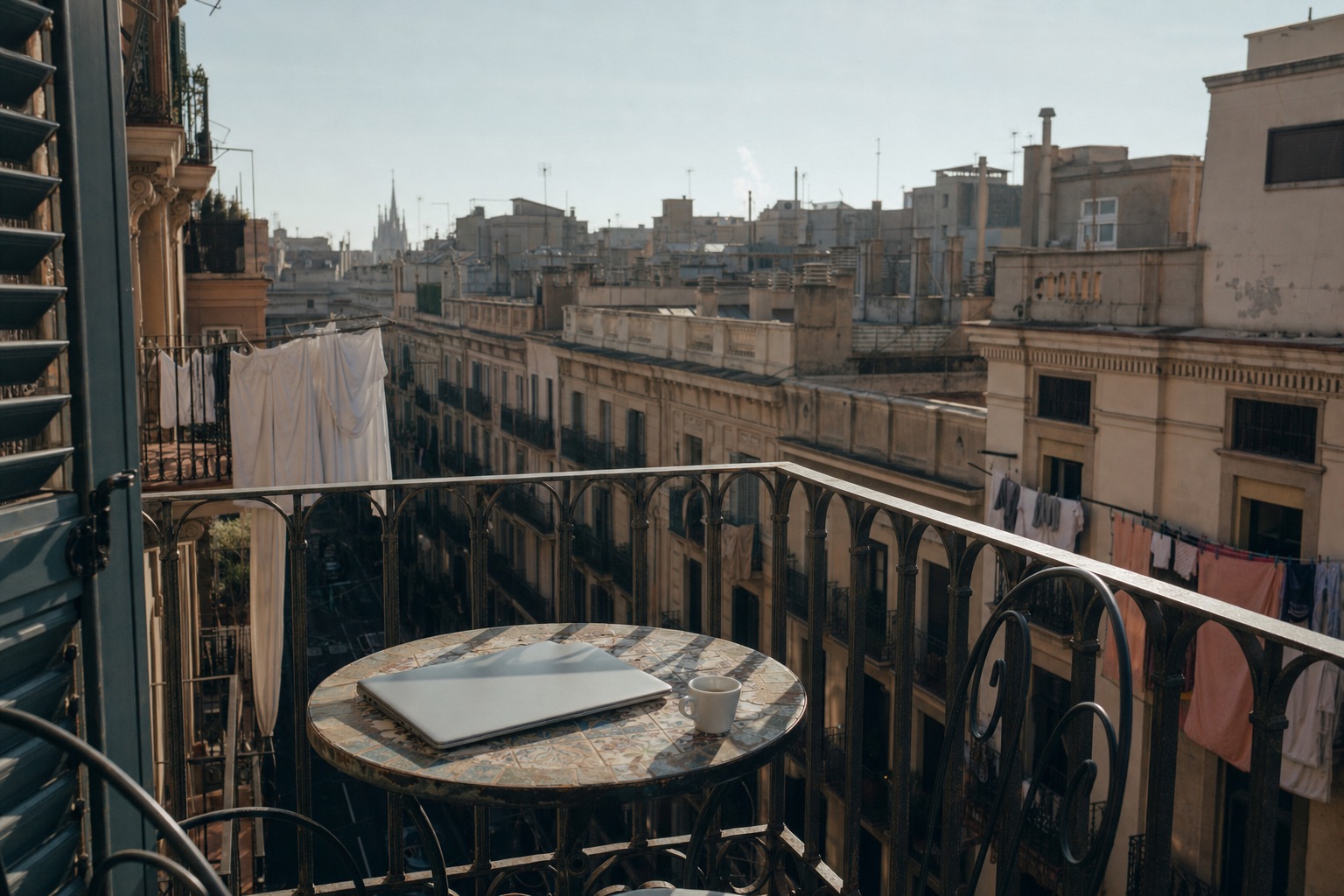 A closed laptop and an espresso cup on a wrought-iron balcony table above Barcelona rooftops in morning light