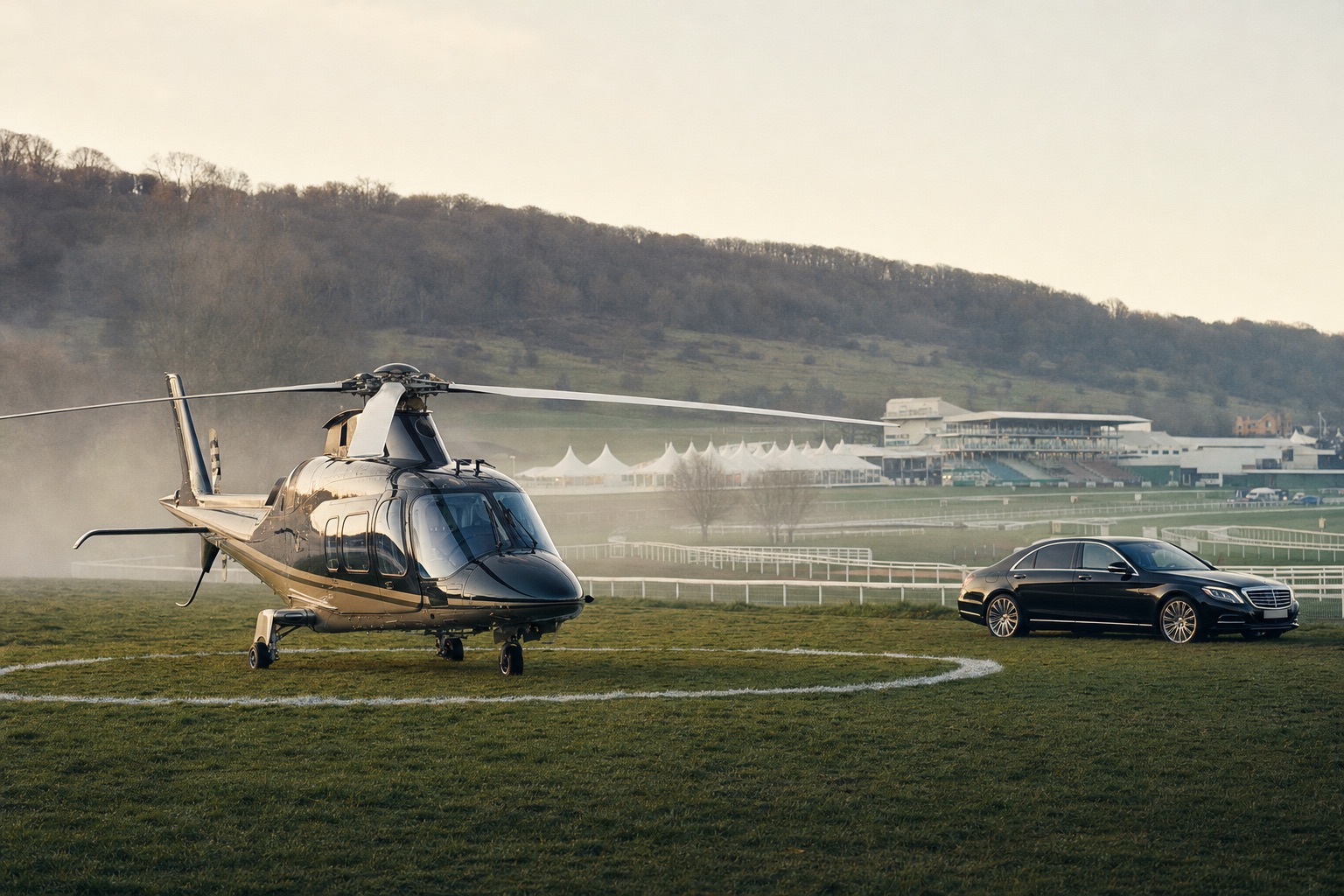 A helicopter on a temporary helipad beside Cheltenham racecourse on a cold March morning, grandstand and marquees in the background