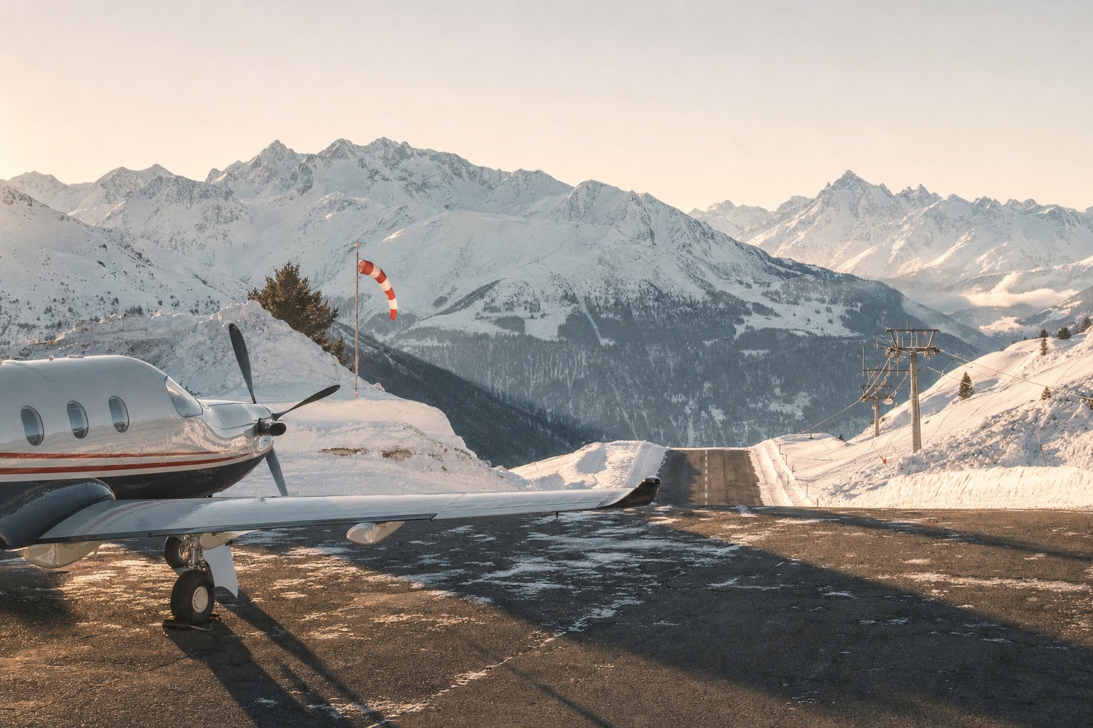 A Pilatus PC-12 turboprop on the snow-cleared apron of Courchevel altiport at the top of a steep sloping runway, ski slopes beside it, clear winter morning