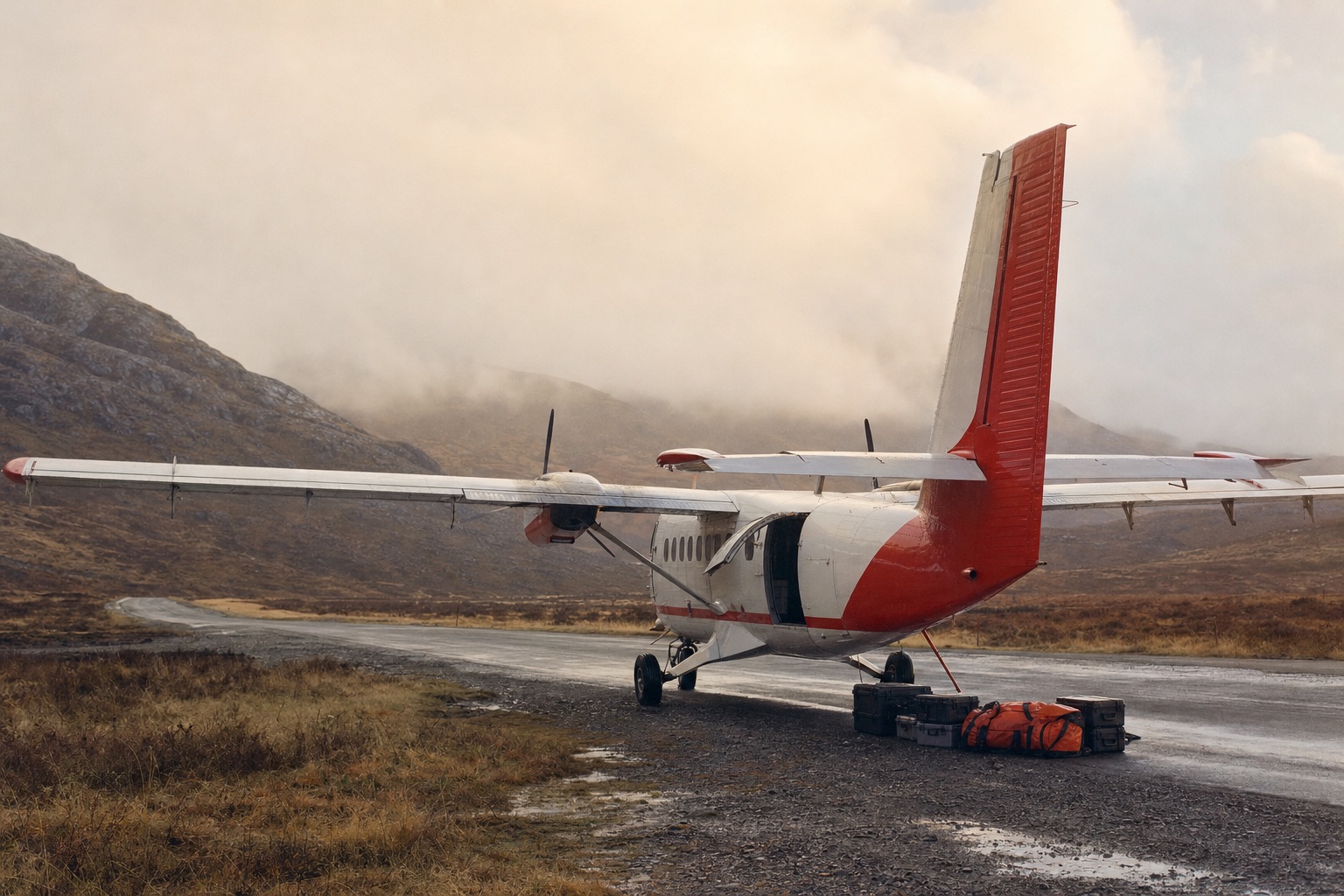 A high-wing utility aircraft on a short Highland airstrip with tool cases and hi-vis bags stacked by its open baggage door, low cloud on the hills behind