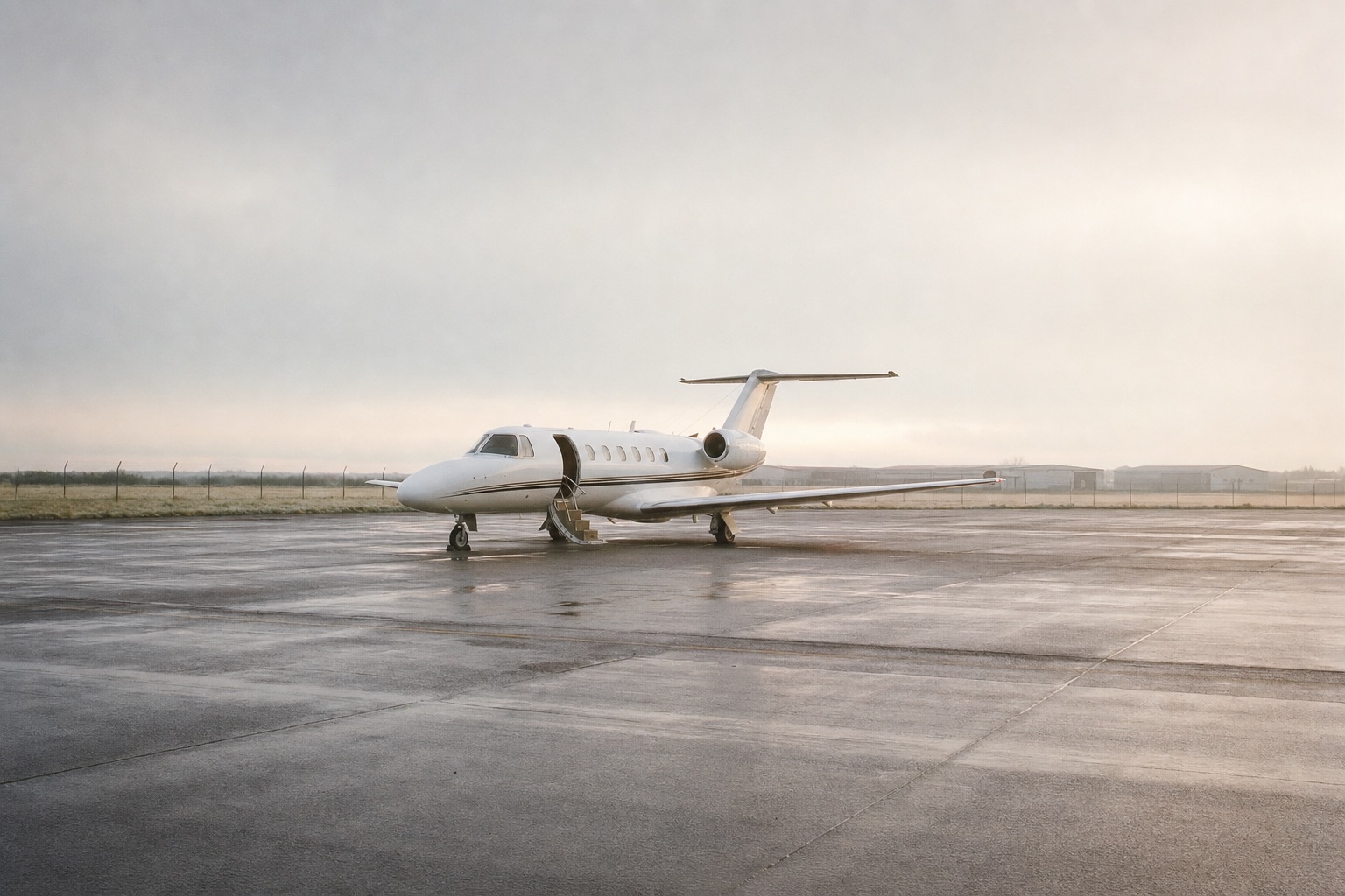 An empty white light jet parked alone on an apron at dawn under grey skies
