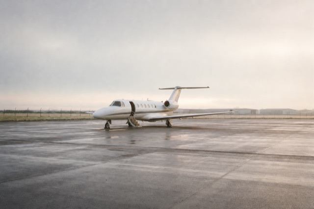 An empty white light jet parked alone on an apron at dawn under grey skies