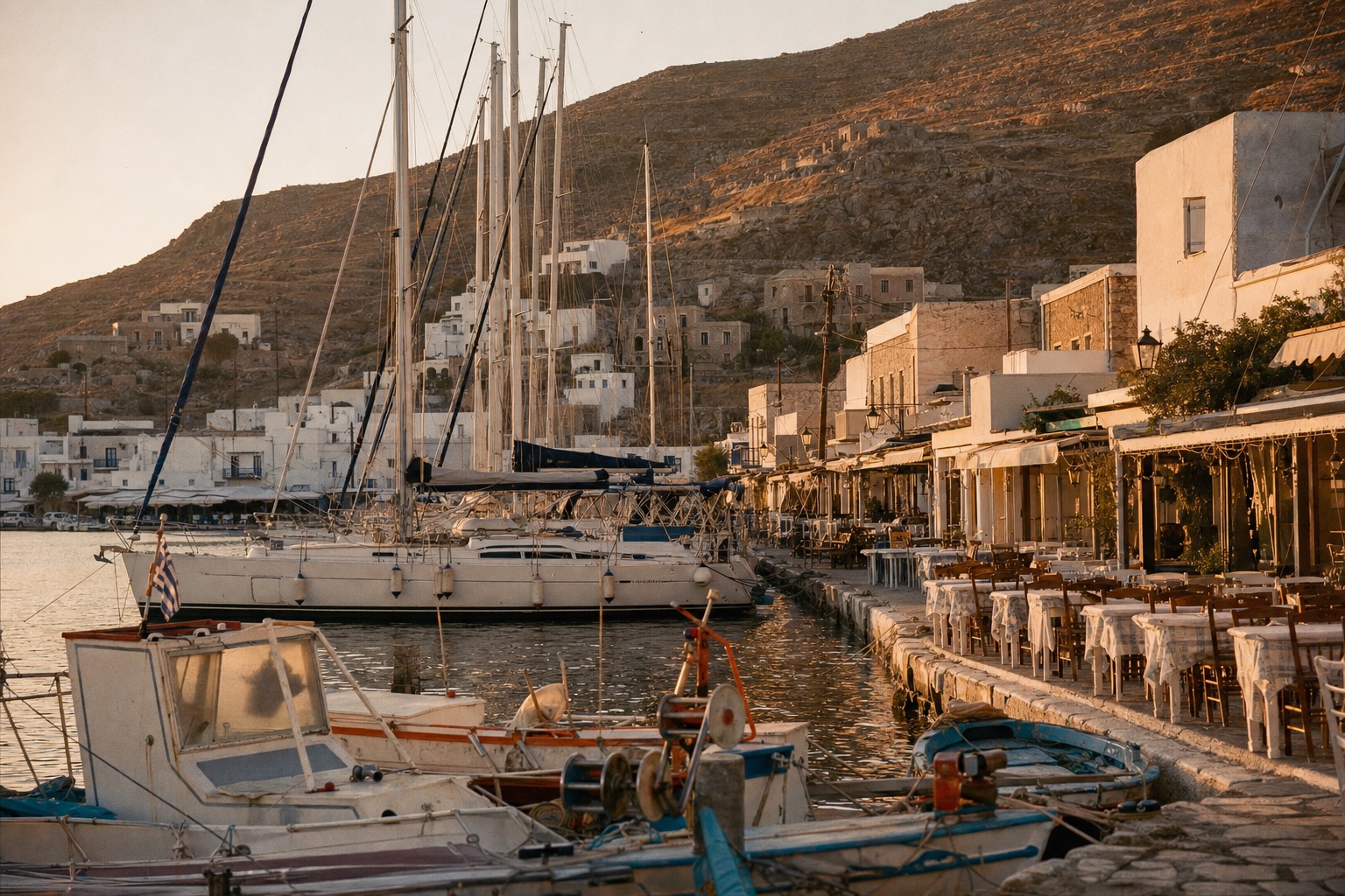 A line of sailing yachts moored stern-to in a small Greek harbour in golden evening light