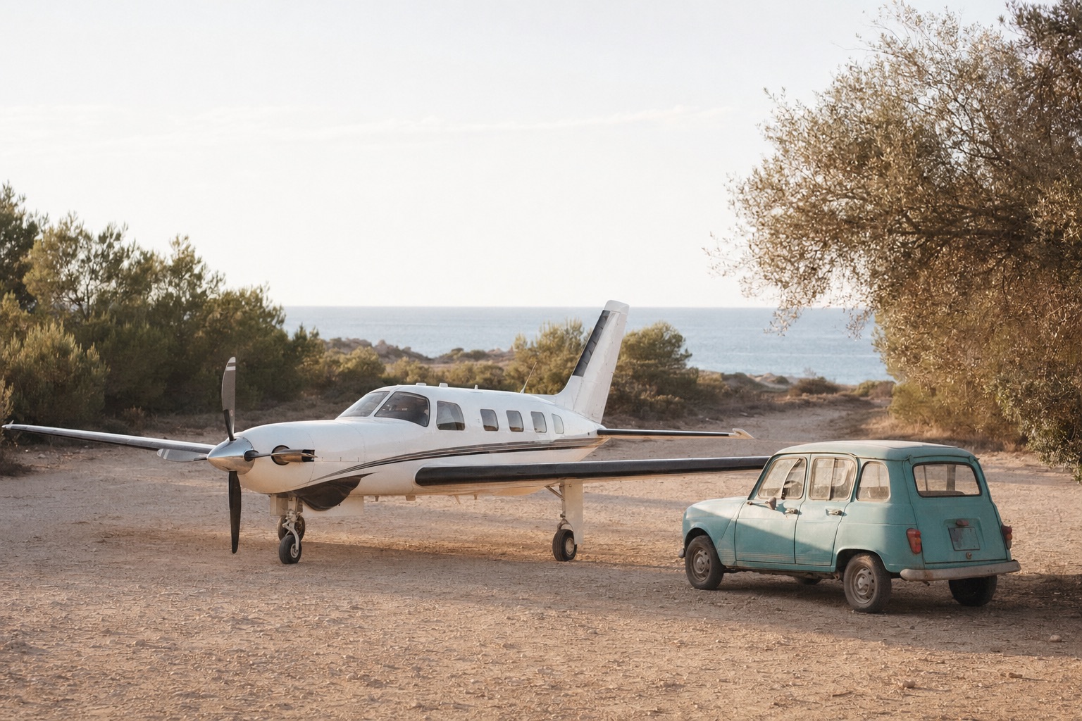 A light aircraft on the airstrip at La Mola, Formentera