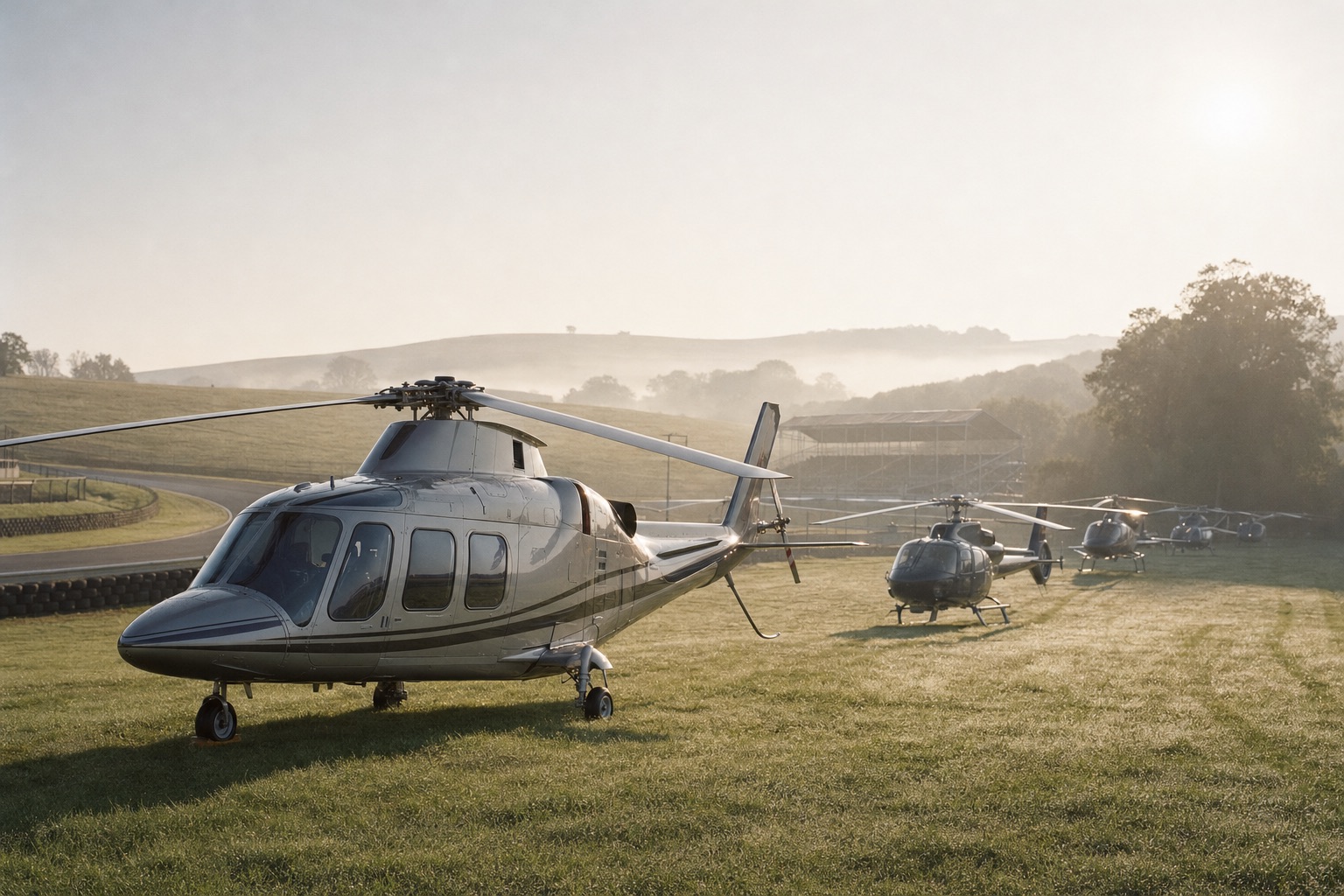 Twin-engine helicopters parked on grass beside a motor circuit in early morning mist