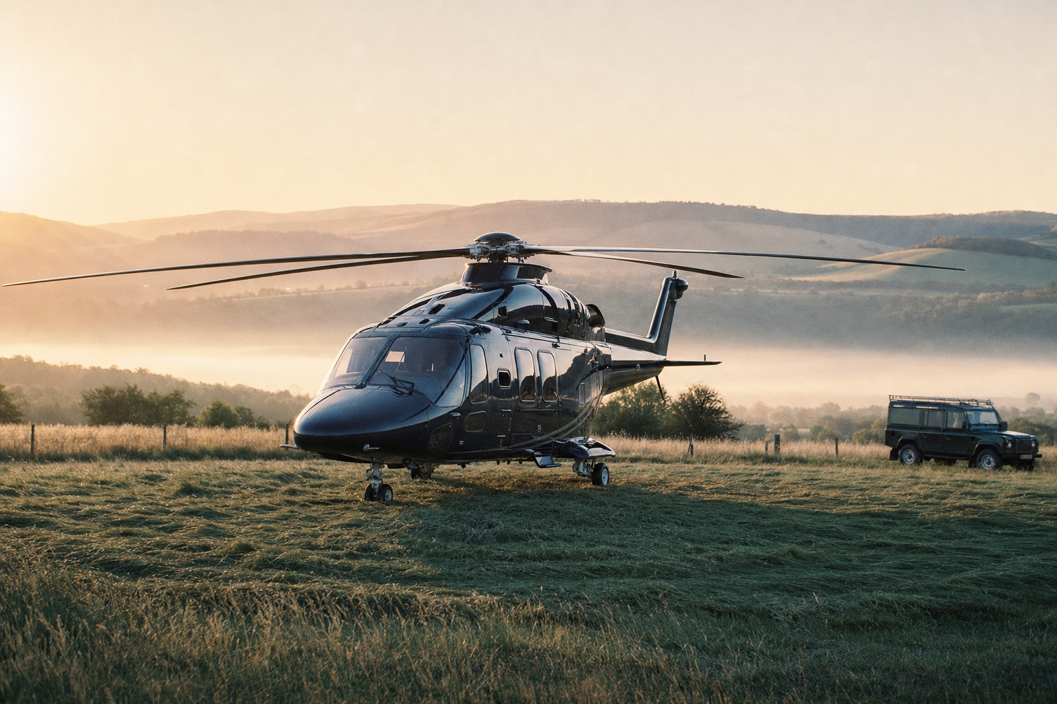 A twin-engine helicopter landing on a grass field at dawn, mist on the Sussex Downs behind