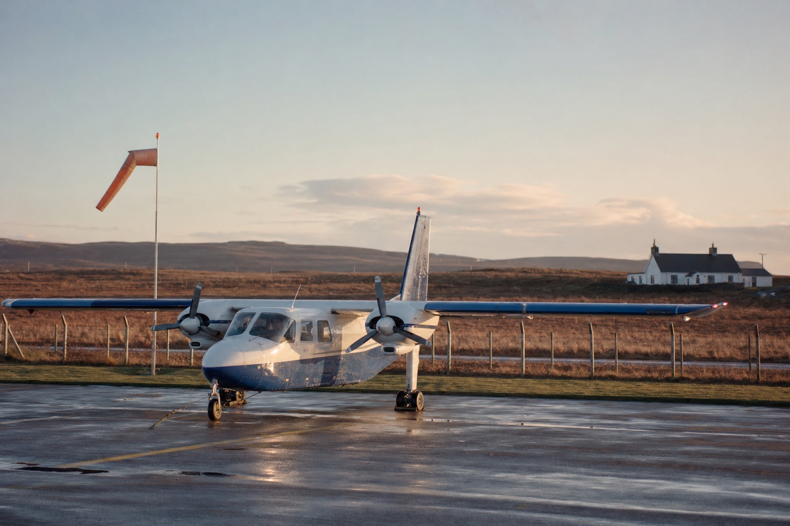 A twin-engine light aircraft on a small island apron on a clear morning, the kind of aircraft that uses short runways like St Mary's