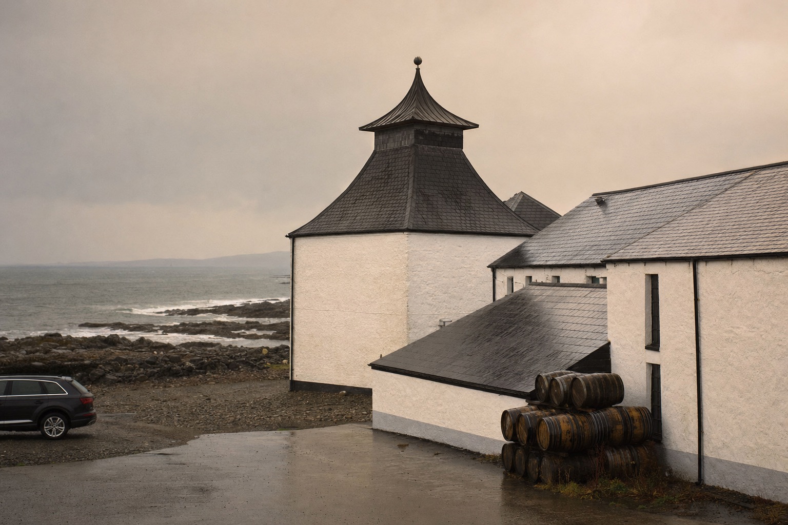 A whitewashed distillery on Islay's south coast with the sea behind it, wet slate roofs and a stack of casks by the wall, soft overcast light