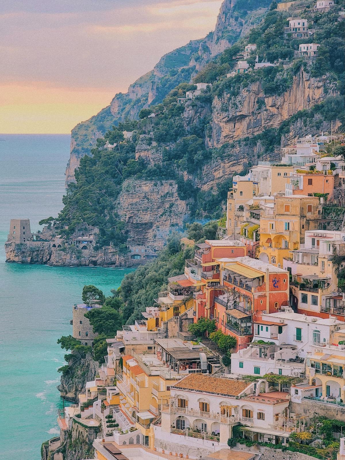 Colourful Amalfi Coast buildings seen from the sea