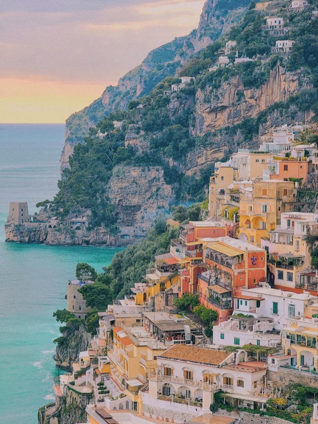 Colourful Amalfi Coast buildings seen from the sea