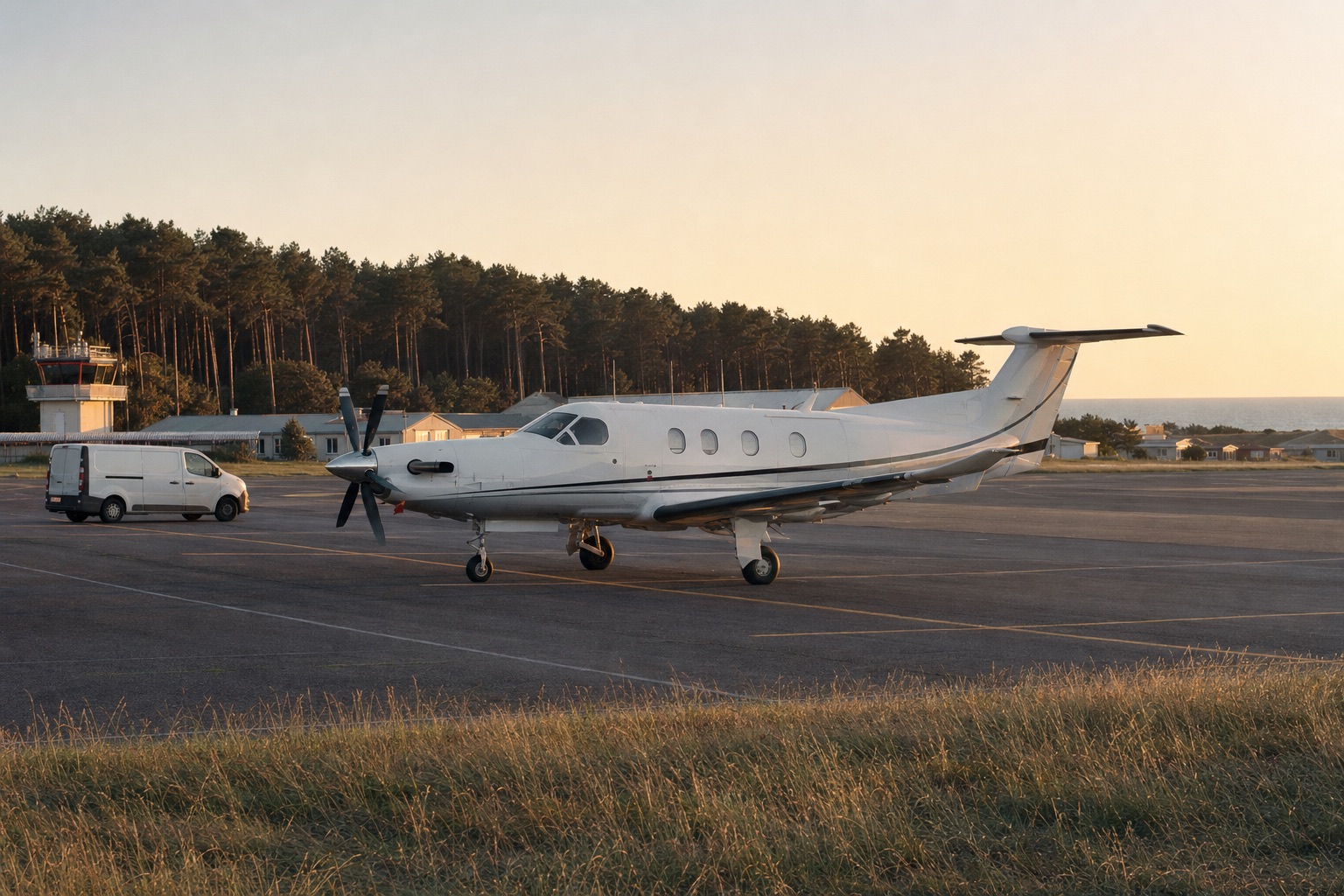 A Pilatus PC-12 single-engine turboprop aircraft parked on the apron at Le Touquet airfield, the pine forest of the Côte d'Opale visible behind the airfield buildings, late afternoon golden light