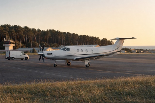 A Pilatus PC-12 single-engine turboprop aircraft parked on the apron at Le Touquet airfield, the pine forest of the Côte d'Opale visible behind the airfield buildings, late afternoon golden light