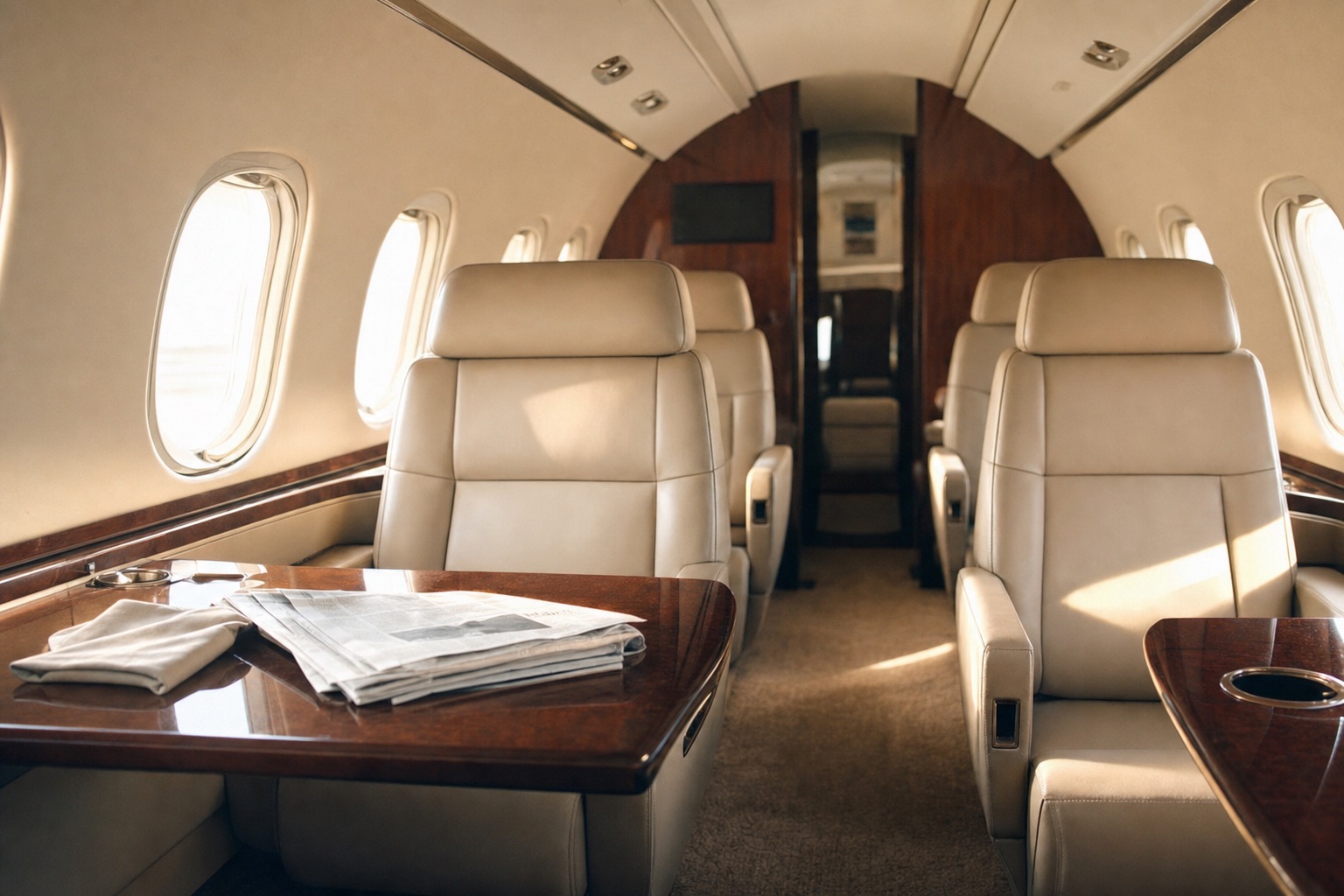 Cream leather seats inside a small light jet cabin with morning light through the windows