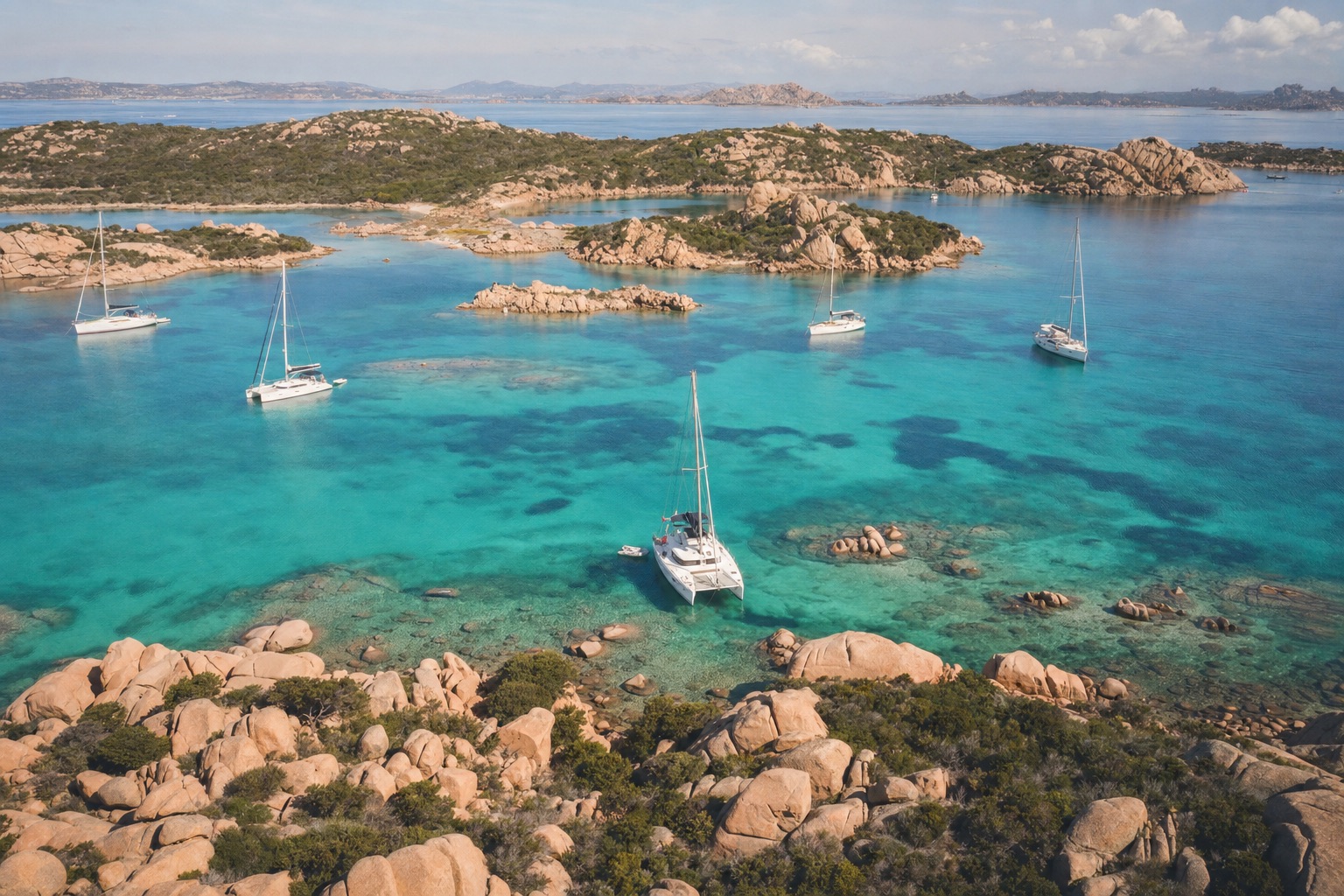 Boats anchored in a turquoise bay among granite rocks in the La Maddalena archipelago, seen from above