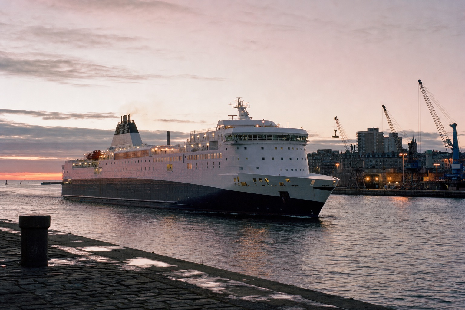 A NorthLink ferry leaving Aberdeen harbour at dusk, the overnight route north to Lerwick
