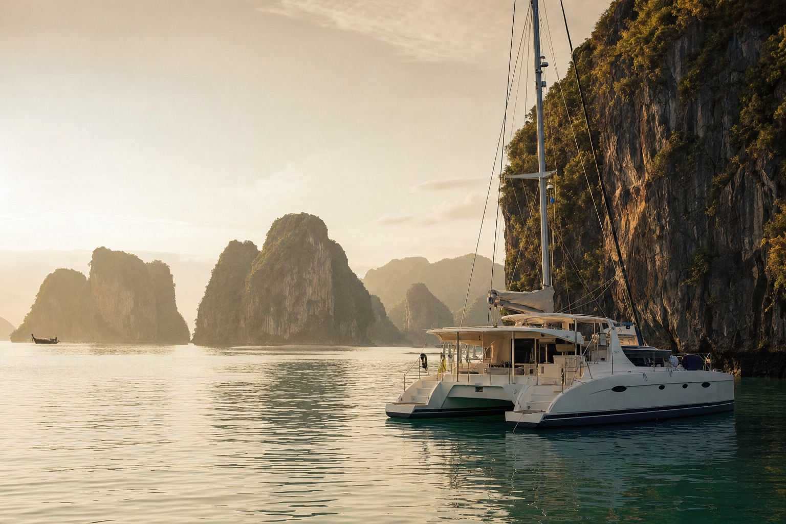 A crewed sailing catamaran anchored among limestone karst islets in Phang Nga Bay, Thailand, in late afternoon light
