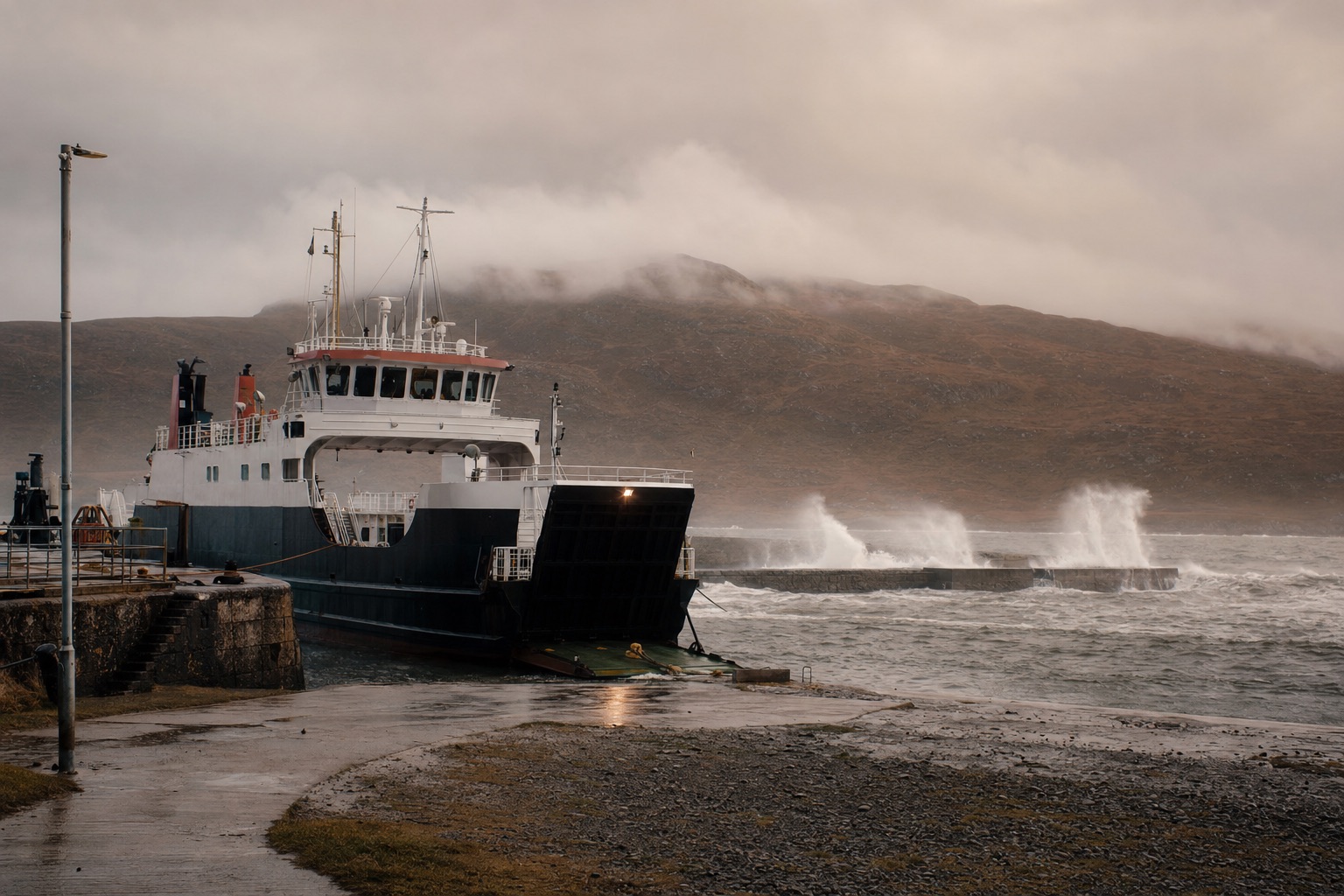 A CalMac ferry waiting at a Hebridean pier in heavy swell under low cloud, spray breaking over the breakwater