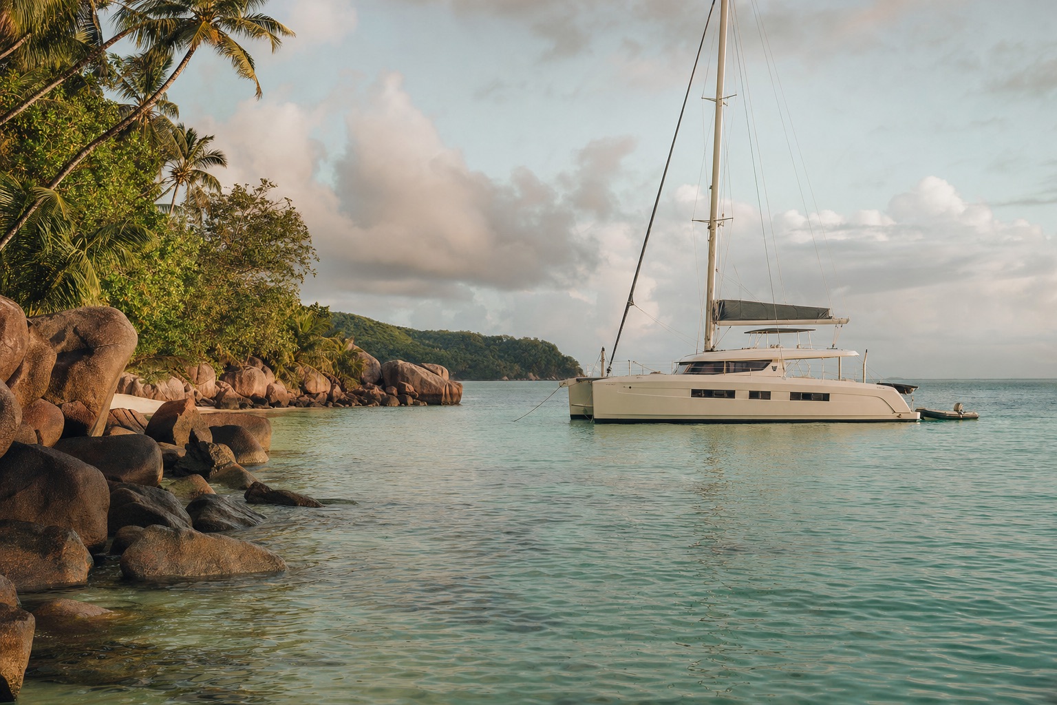 A crewed catamaran at anchor off a granite-boulder beach in the Seychelles Inner Islands, early morning, flat water