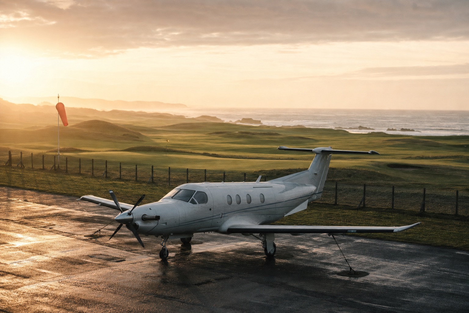 A single-engine turboprop on a quiet Scottish apron at first light with a links course and the North Sea beyond
