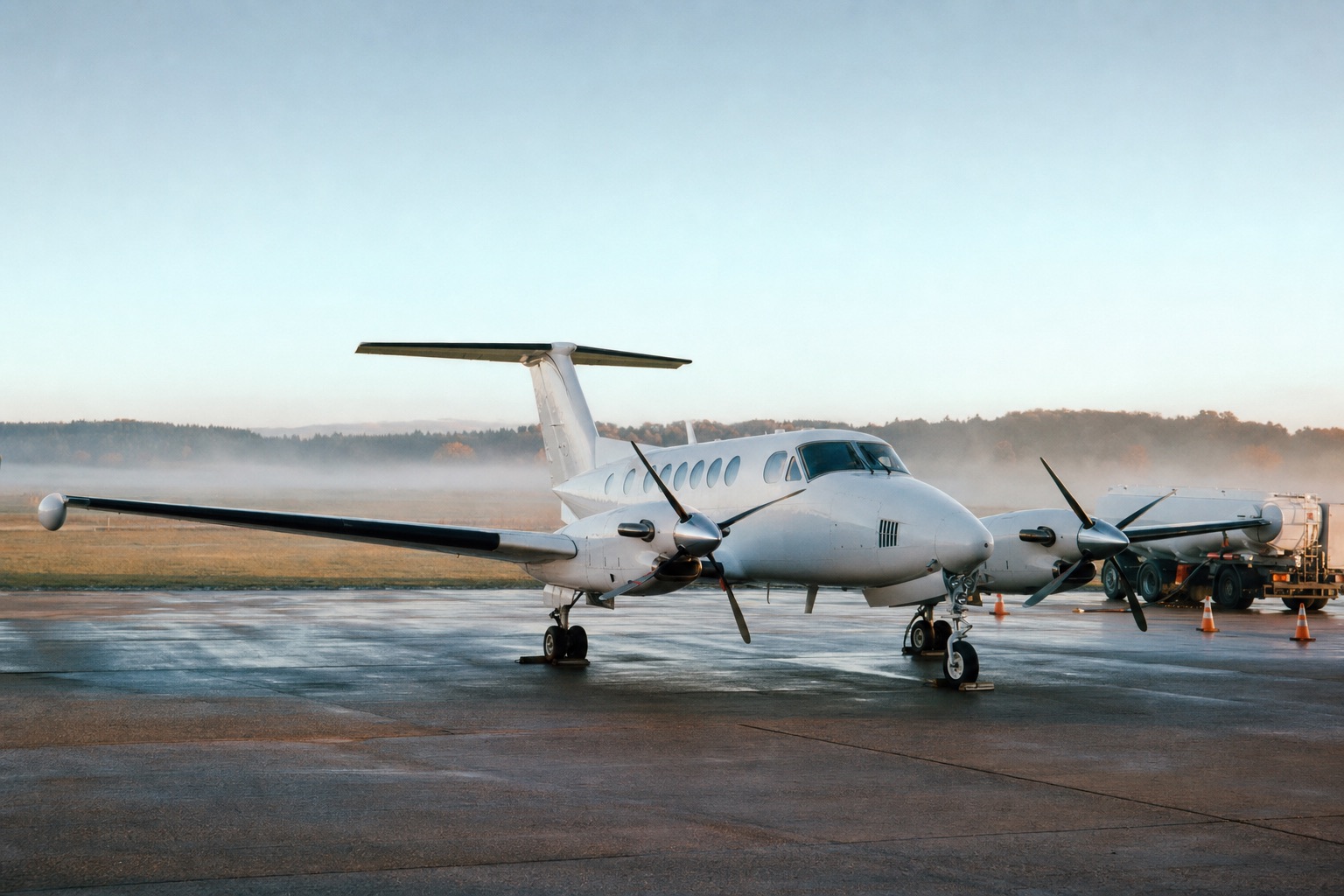 A twin-engine King Air turboprop parked on an apron at a small airfield in crisp morning light