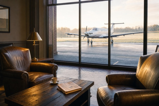 A light jet on the apron at a UK business aviation terminal in early morning light