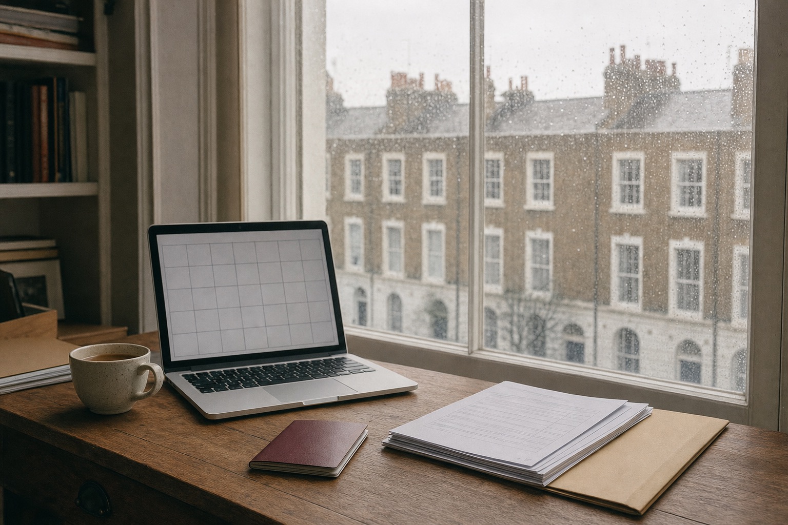 A desk in a London flat with a passport, printed forms and a laptop showing a booking calendar, grey morning light from a sash window