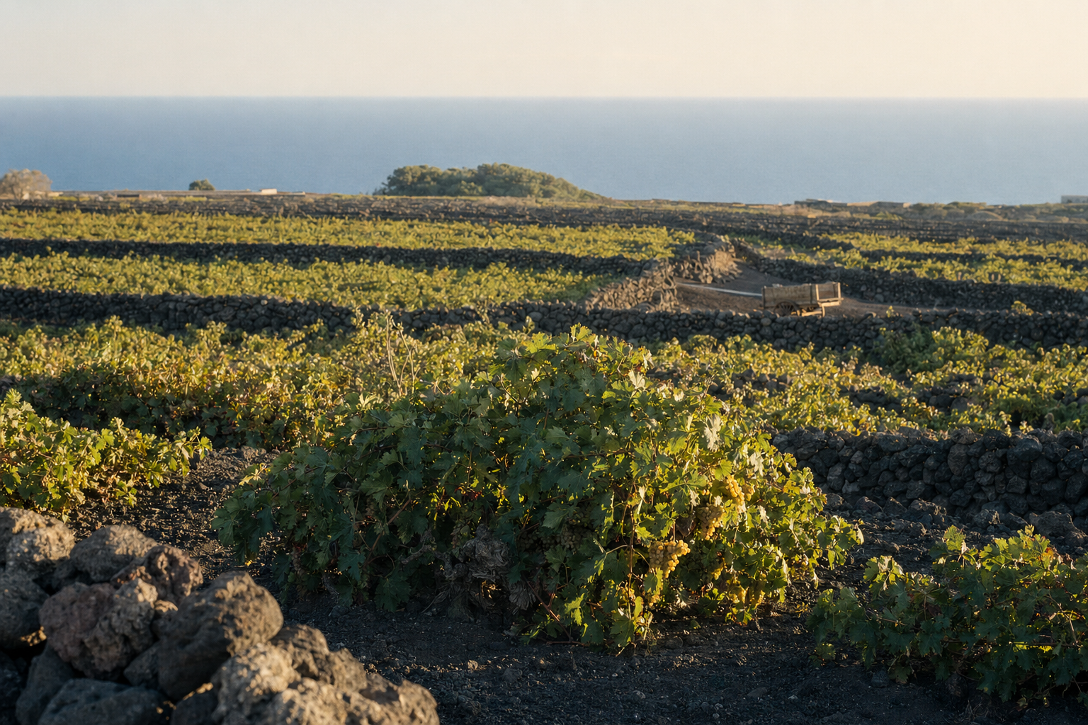 Vineyard with low-trained Zibibbo vines, dry stone walls, sea visible in the distance, late afternoon light