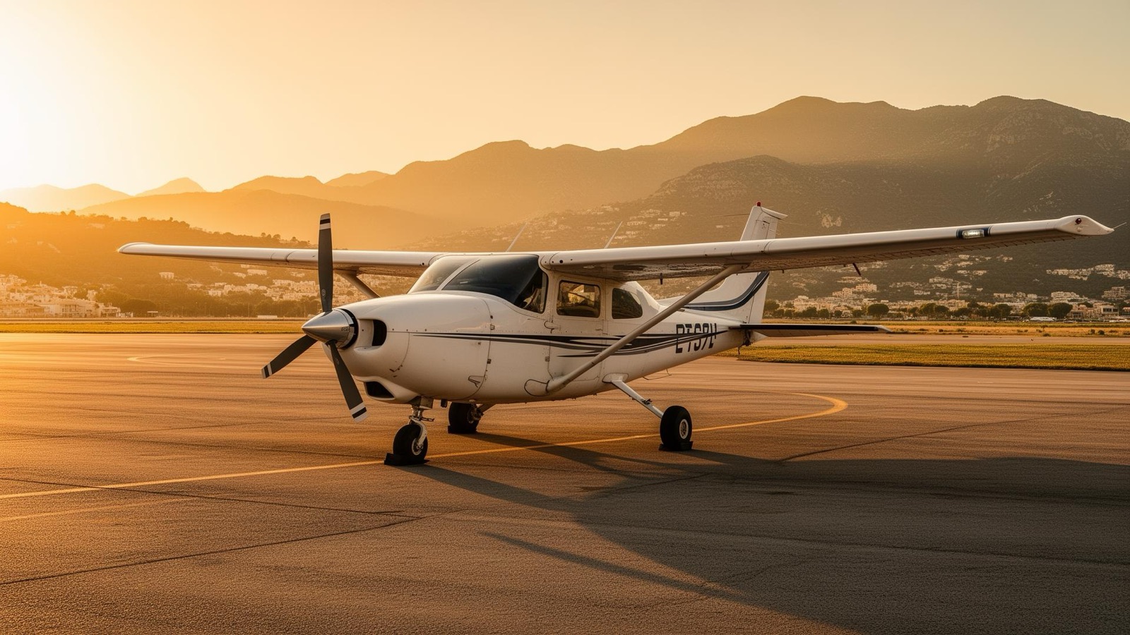 A light single-engine turboprop aircraft on the apron at a small European airfield at golden hour, boarding steps down