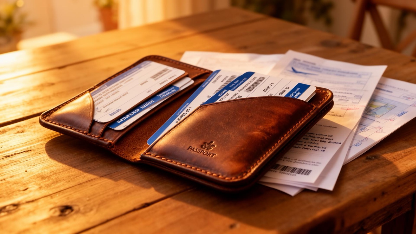 A passport, boarding pass and visa application documents laid out on a desk beside a fountain pen