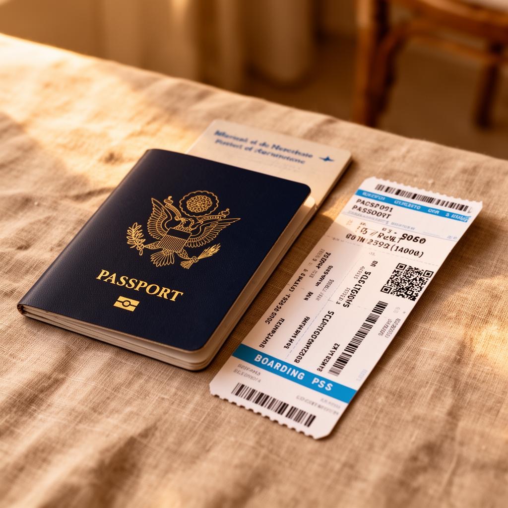 A passport and travel documents laid out on a desk