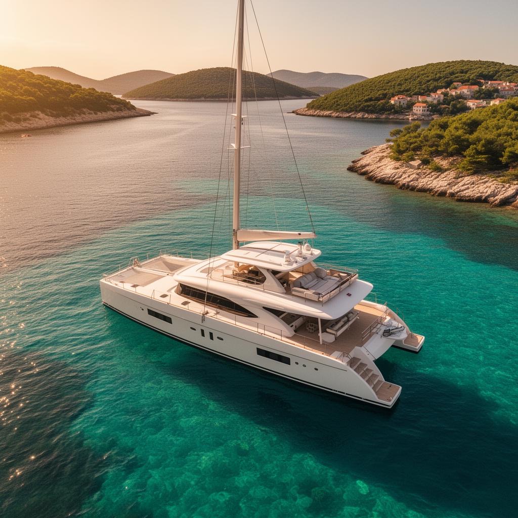 A crewed sailing yacht at anchor in a calm Mediterranean bay